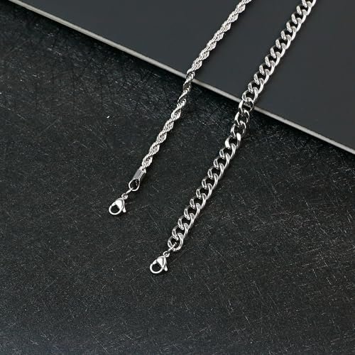 Silver Cuban Link Chain Bracelet for Men, Waterproof Stainless Steel Rope Bracelet Set, 7.9" to 9" Charm Jewelry Men Bracelet Stack for Dad, Husband from Pealicious