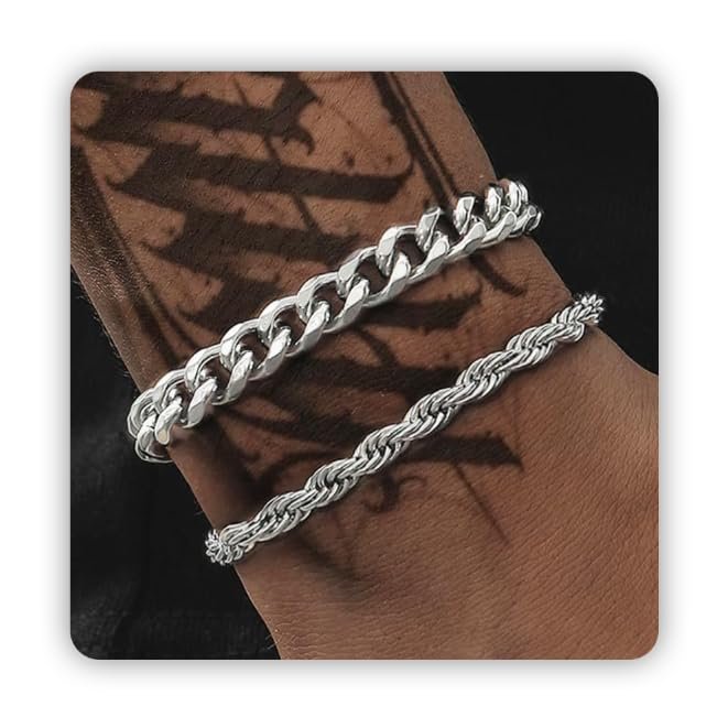 Silver Cuban Link Chain Bracelet for Men, Waterproof Stainless Steel Rope Bracelet Set, 7.9" to 9" Charm Jewelry Men Bracelet Stack for Dad, Husband from Pealicious
