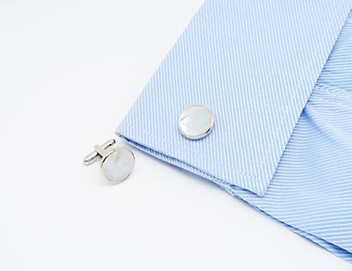 Silver Mother of Pearl Cufflinks in Gift Box Round Cuff Links for Business Wedding Anniversary Dress