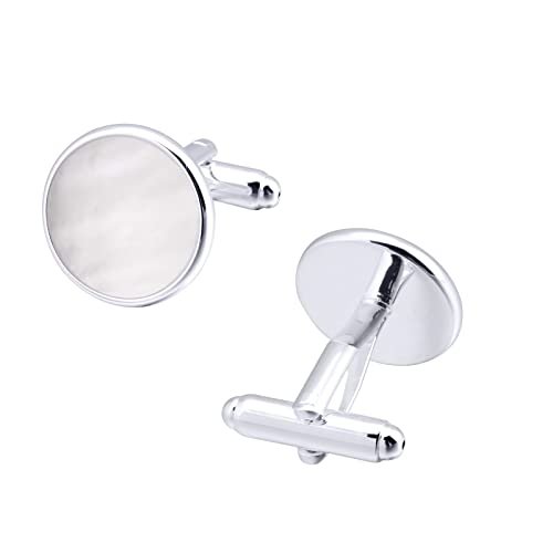 Silver Mother of Pearl Cufflinks in Gift Box Round Cuff Links for Business Wedding Anniversary Dress