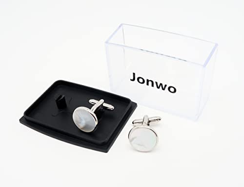 Silver Mother of Pearl Cufflinks in Gift Box Round Cuff Links for Business Wedding Anniversary Dress