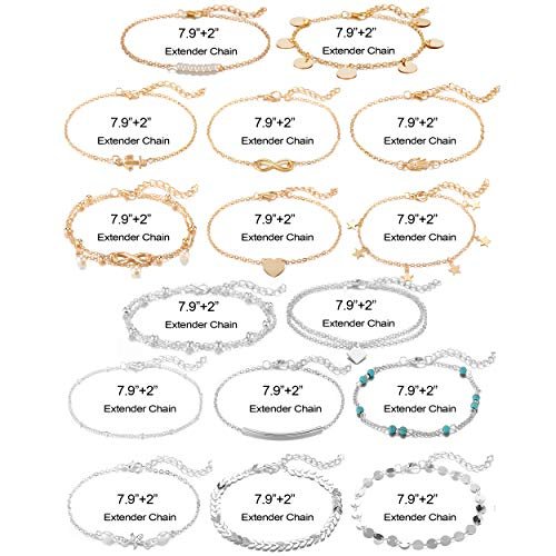 Softones 16Pcs Ankle Bracelets for Women Gold Silver Two Style Chain Beach Anklet Bracelet Jewelry Anklet Set,Adjustable Size