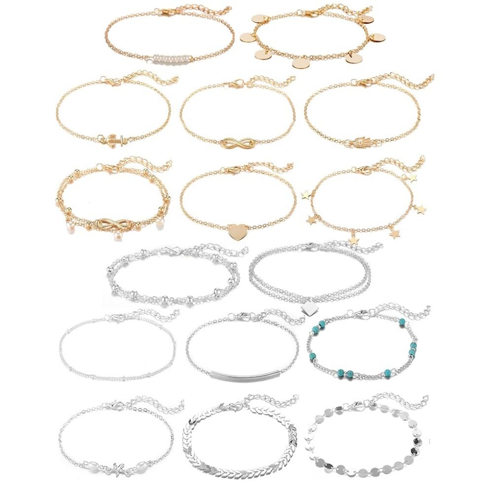 Softones 16Pcs Ankle Bracelets for Women Gold Silver Two Style Chain Beach Anklet Bracelet Jewelry Anklet Set,Adjustable Size