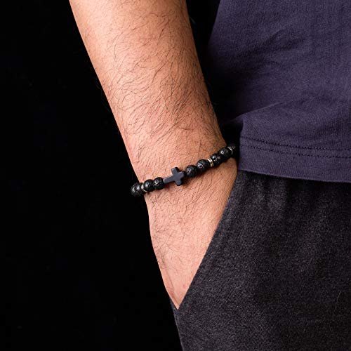 Softones 4PCS Cross Beads Bracelet for Men Women 8mm Healing Lava Stone Stretch Bracelets,7.5"