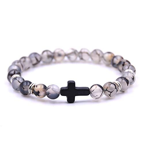 Softones 4PCS Cross Beads Bracelet for Men Women 8mm Healing Lava Stone Stretch Bracelets,7.5"