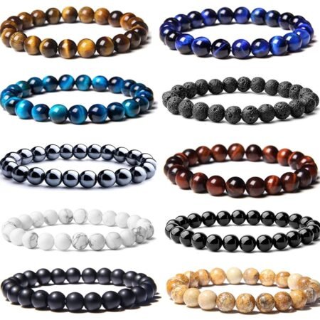 SONNYX 10 Pcs 8mm Semi-Precious Gemstones Bracelets Round Beaded Bracelets for Men Women Stone Crystal Stretch Beaded Bracelet Unisex