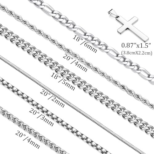 Stackable Silver Chain for Men, 7 Pcs Stainless Steel Cross Chain Mens Necklace Jewelry Set for Men, 6 Chains + 1 Cross Pendant