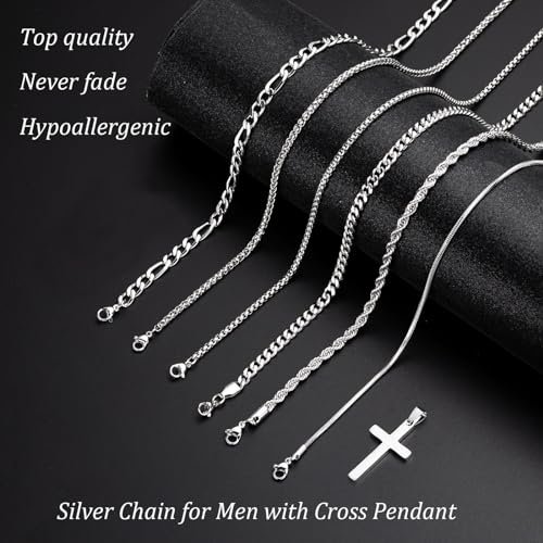 Stackable Silver Chain for Men, 7 Pcs Stainless Steel Cross Chain Mens Necklace Jewelry Set for Men, 6 Chains + 1 Cross Pendant