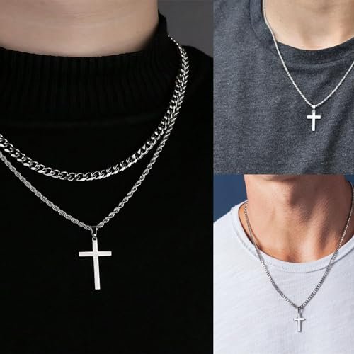 Stackable Silver Chain for Men, 7 Pcs Stainless Steel Cross Chain Mens Necklace Jewelry Set for Men, 6 Chains + 1 Cross Pendant