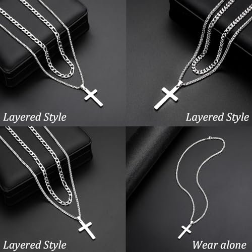 Stackable Silver Chain for Men, 7 Pcs Stainless Steel Cross Chain Mens Necklace Jewelry Set for Men, 6 Chains + 1 Cross Pendant