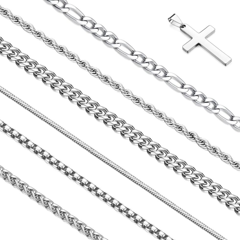 Stackable Silver Chain for Men, 7 Pcs Stainless Steel Cross Chain Mens Necklace Jewelry Set for Men, 6 Chains + 1 Cross Pendant