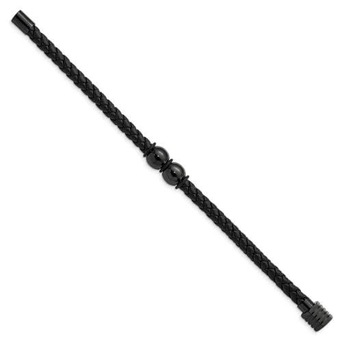 Stainless Steel Polished Black IP-plated Braided Black Leather and Rubber Bracelet for Women 8.25"
