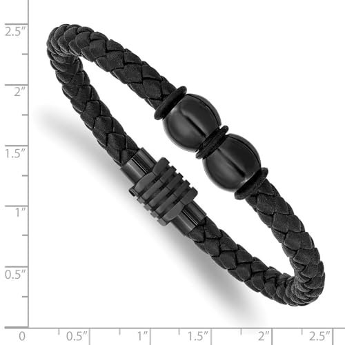 Stainless Steel Polished Black IP-plated Braided Black Leather and Rubber Bracelet for Women 8.25"