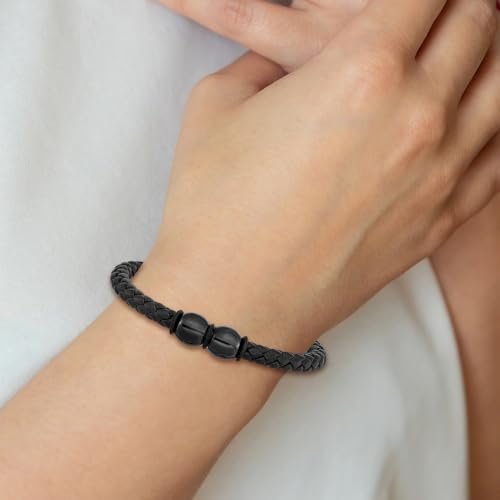 Stainless Steel Polished Black IP-plated Braided Black Leather and Rubber Bracelet for Women 8.25"