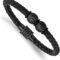 Stainless Steel Polished Black IP-plated Braided Black Leather and Rubber Bracelet for Women 8.25"