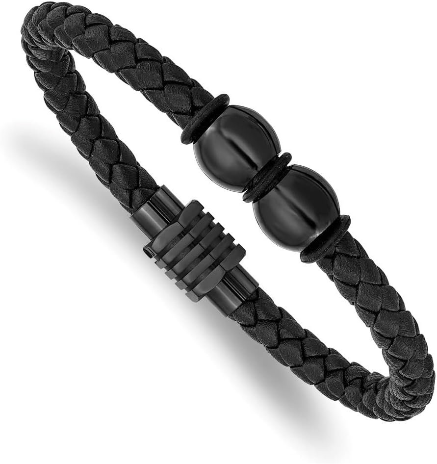 Stainless Steel Polished Black IP-plated Braided Black Leather and Rubber Bracelet for Women 8.25"