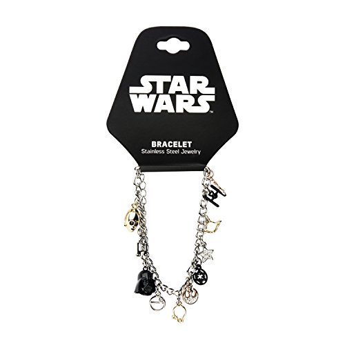 Star Wars Jewelry Men's Multi Charm Stainless Steel Charm Bracelet, 7.5-Inch + 2-Inch extender, Silver, Expandable
