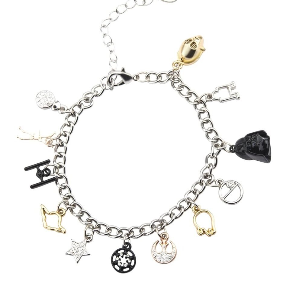 Star Wars Jewelry Men's Multi Charm Stainless Steel Charm Bracelet, 7.5-Inch + 2-Inch extender, Silver, Expandable