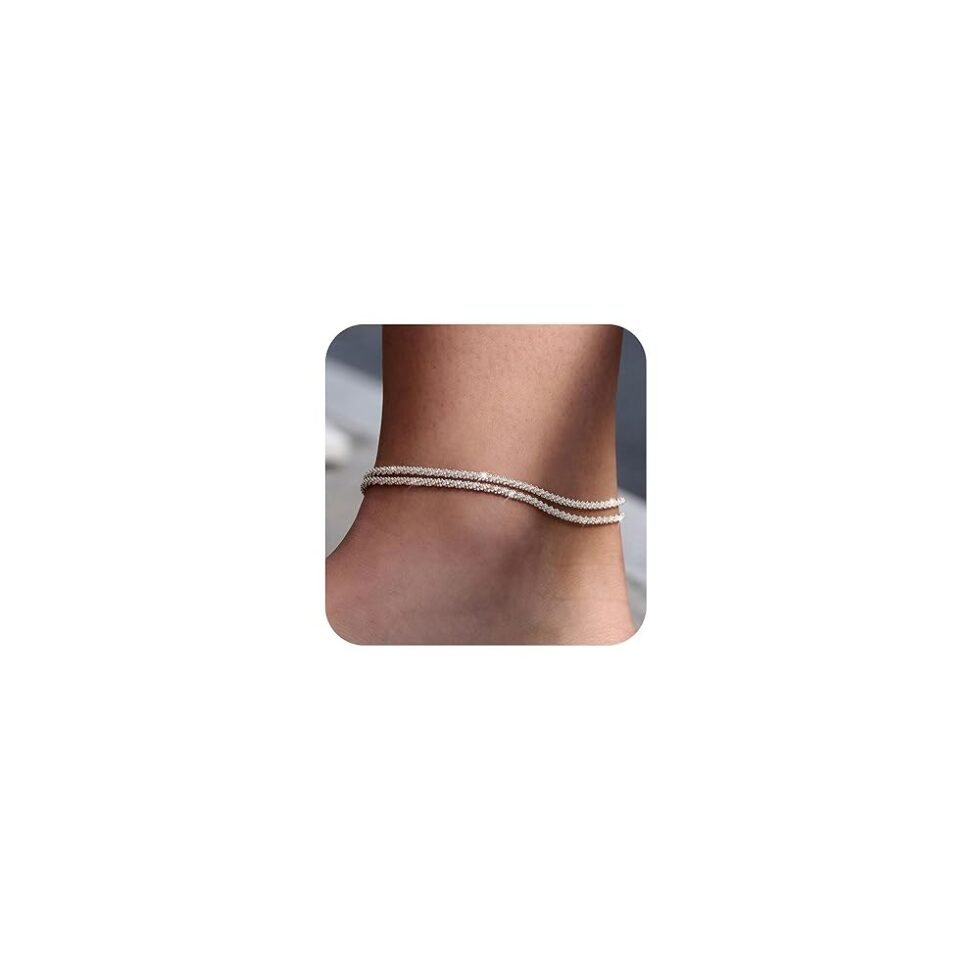 Sterling Silver Ankle Bracelets for Women: Dainty Layered Waterproof Anklet for Women Adjustable Womens Anklet Set Stackable Figaro Beaded Cuban Link Anklets Beach Jewelry for...