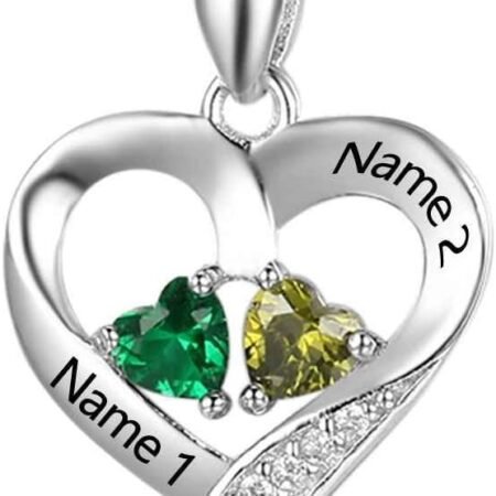 Sterling Silver Personalized 2 Names Necklace with 2 Heart Simulated Birthstone Couple Pendant Necklace for Women