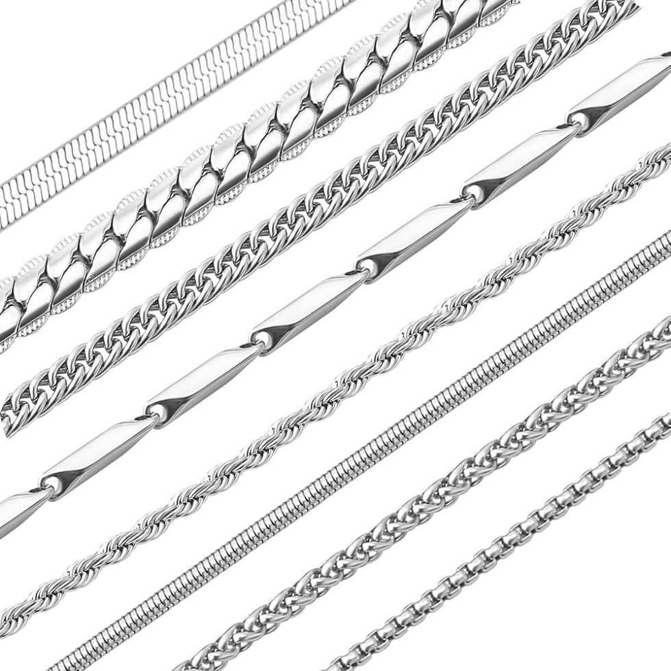 stino 8PCs/7PCs Stainless Steel Chain Necklace for Men Women, Bulk Silver Tone Necklace Chains for Jewelry Making, Figaro Chain, Snake Chain, Cuban Link Chain, Rope Chain.