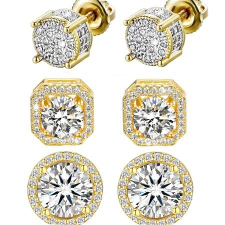 Stud Earrings for Men,18K White Gold Plated Round Square Cubic Zirconia Hypoallergenic Studs Earrings Set for Women