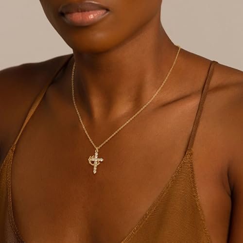Tewiky Diamond Cross Necklace for women-Dainty 14k Gold Cubic Zirconia Pendant Necklaces Simple Gold Cross Pendant Necklace Cute Tiny Gold Jewelry