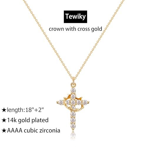 Tewiky Diamond Cross Necklace for women-Dainty 14k Gold Cubic Zirconia Pendant Necklaces Simple Gold Cross Pendant Necklace Cute Tiny Gold Jewelry