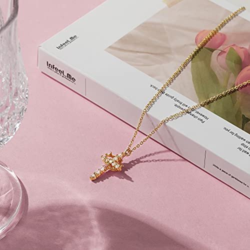 Tewiky Diamond Cross Necklace for women-Dainty 14k Gold Cubic Zirconia Pendant Necklaces Simple Gold Cross Pendant Necklace Cute Tiny Gold Jewelry