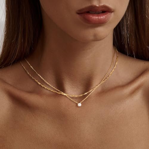 Tewiky Diamond Necklaces for Women, Dainty 14k Gold/Sterling Silver Choker Necklace Simple Gold Plated CZ Jewelry Necklaces for Women Trendy Gifts