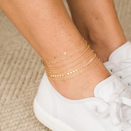 TEWIKY Waterproof Ankle Bracelets for Women, 14K Real Gold Filled Anklets for Women 6PCS Thiny Herringbone Box Paperclip Bead Figaro Cuban Link Anklet Set Dainty Gold Jewelry...