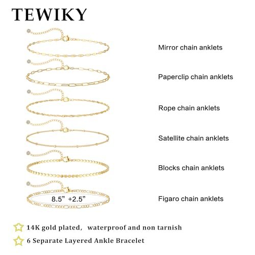 TEWIKY Waterproof Ankle Bracelets for Women, 14K Real Gold Filled Anklets for Women 6PCS Thiny Herringbone Box Paperclip Bead Figaro Cuban Link Anklet Set Dainty Gold Jewelry...