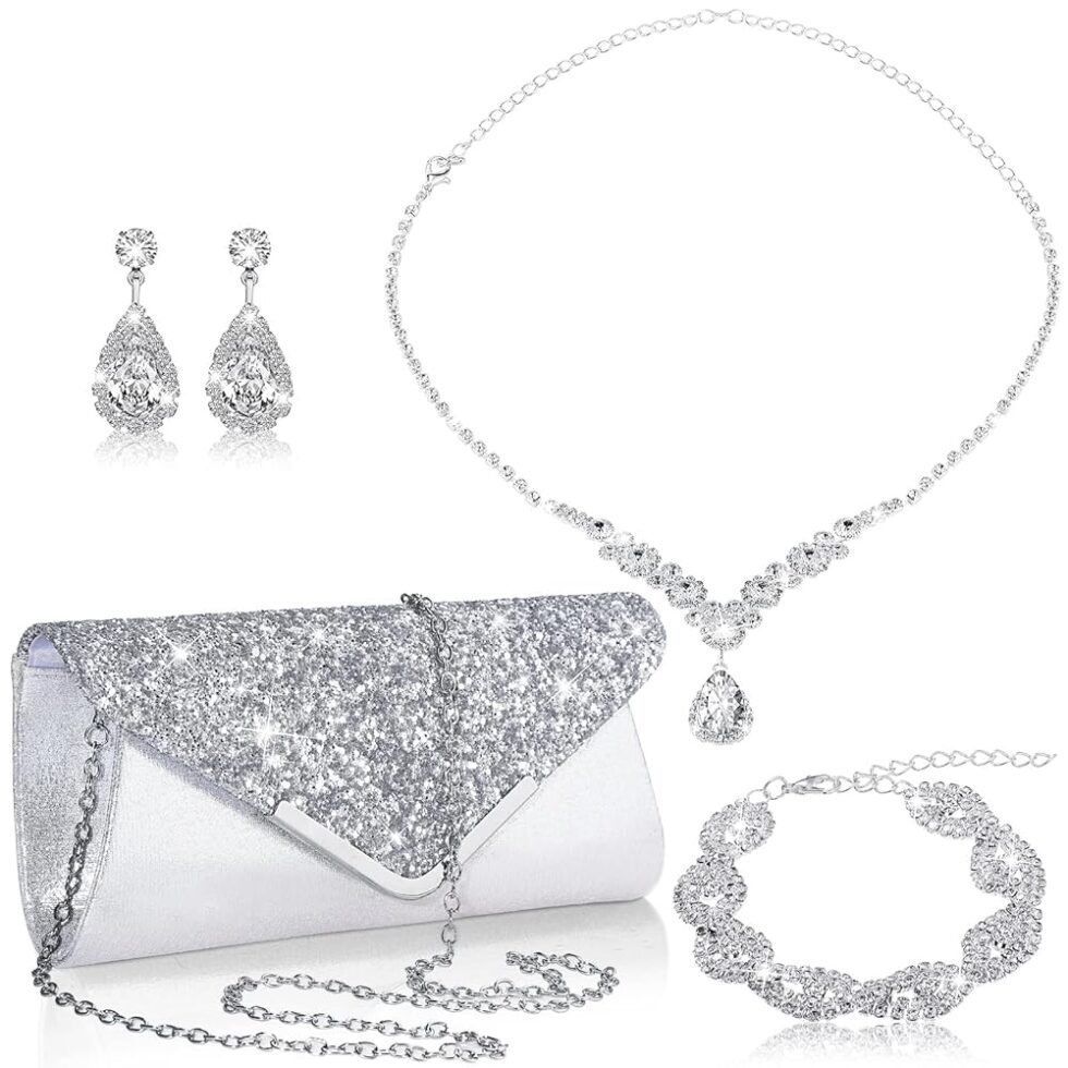 Tiamon 4 Pcs Women Rhinestone Jewelry Set Silver Accessories for Evening Wedding Party Christmas Gift