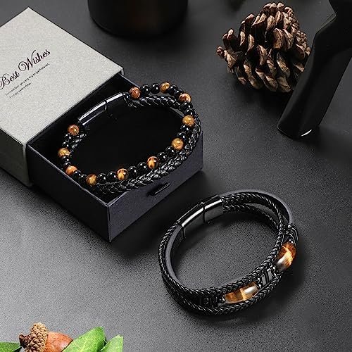 Tiger Eye Black Leather Bracelet Men Natural Tiger Eye Gemstone Crystal Stone Jewelry Handmade Courage And Stress Relief Protection Bracelet