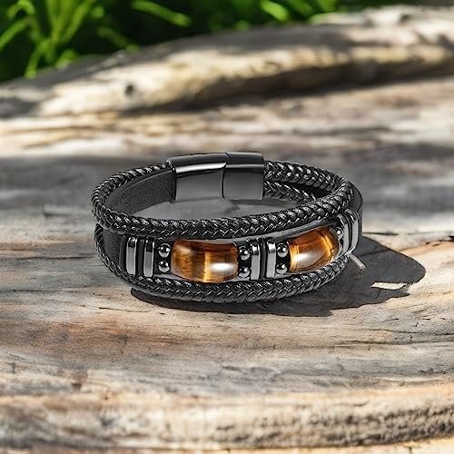Tiger Eye Black Leather Bracelet Men Natural Tiger Eye Gemstone Crystal Stone Jewelry Handmade Courage And Stress Relief Protection Bracelet