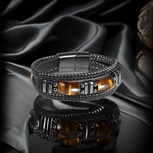 Tiger Eye Black Leather Bracelet Men Natural Tiger Eye Gemstone Crystal Stone Jewelry Handmade Courage And Stress Relief Protection Bracelet