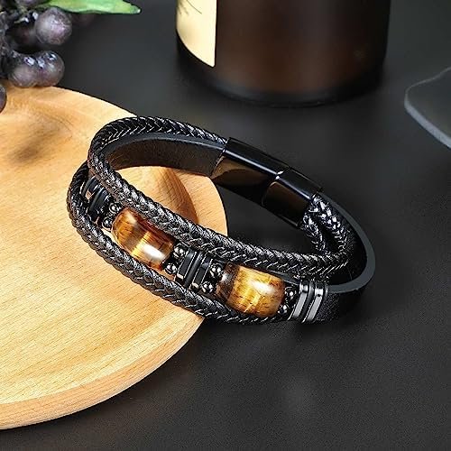 Tiger Eye Black Leather Bracelet Men Natural Tiger Eye Gemstone Crystal Stone Jewelry Handmade Courage And Stress Relief Protection Bracelet