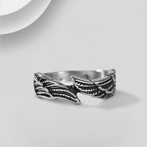 TIGRADE Antique Stainless Steel Ring Feather Angel Wing Cast Black Silver Band Size 4.5-14.5
