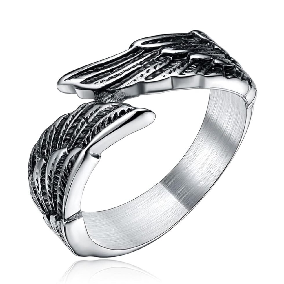 TIGRADE Antique Stainless Steel Ring Feather Angel Wing Cast Black Silver Band Size 4.5-14.5