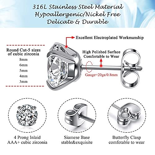Top Plaza Hypoallergenic Stainless Steel Stud Earrings Round Cubic Zirconia CZ Earring Set for Women Men 3mm-8mm