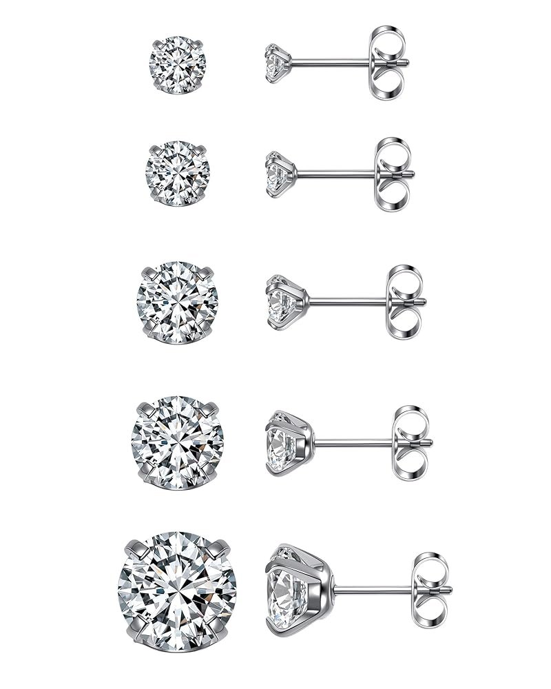 Top Plaza Hypoallergenic Stainless Steel Stud Earrings Round Cubic Zirconia CZ Earring Set for Women Men 3mm-8mm