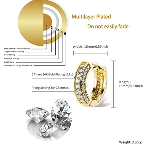 TOPGRILLZ Iced Out Hoop Earrings Cubic Zirconia Huggie Cartilage Cuff Hypoallergenic 14K Gold Plated Luxury Fashion Round Circle Earrings For Men Women