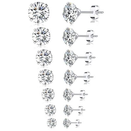 Tornito 7 Pairs 18G 20G Stainless Steel Stud Earrings Round Cubic Zirconia Barbell Earring Set For Men Women 2MM-8MM Silver Tone