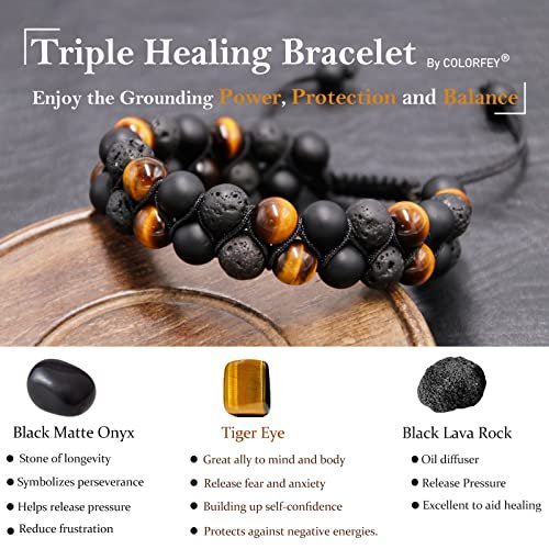 Triple Protection Bracelet for Men Women, Genuine Premium Tiger Eye Black Onyx and Lava Rock 8mm Handmade Bead Bracelet Healing Crystal Protection Bracelet Bring Luck and...