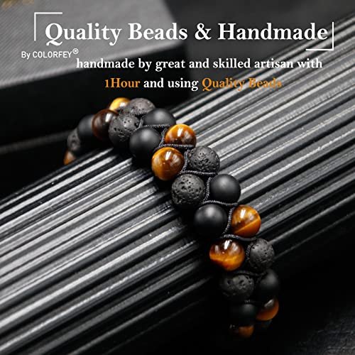 Triple Protection Bracelet for Men Women, Genuine Premium Tiger Eye Black Onyx and Lava Rock 8mm Handmade Bead Bracelet Healing Crystal Protection Bracelet Bring Luck and...