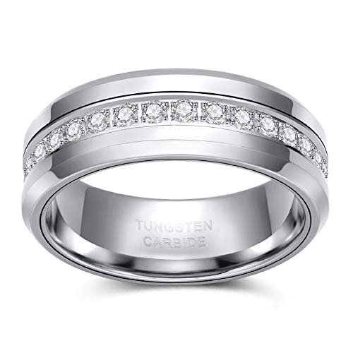 TRUMIUM 6mm 8mm Mens Tungsten Wedding Bands with Cubic Zirconia Eternity Ring CZ Inlaid Black Silver Tungsten Carbied Rings High Polish Size 7-13