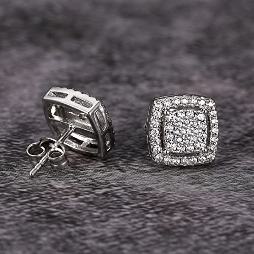 TRUMIUM Sterling Silver Earrings for Men Gold Silver Diamond Layered Iced Out Square Earring Cz Stud Earrings Cubic Zirconia Hypoallergenic