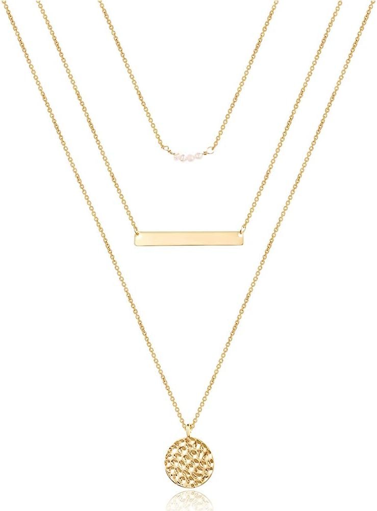 Turandoss Dainty Layered Choker Necklace, Handmade 14K Gold Plated Y Pendant Necklace Multilayer Bar Disc Necklace Adjustable Layering Choker Necklaces for Women