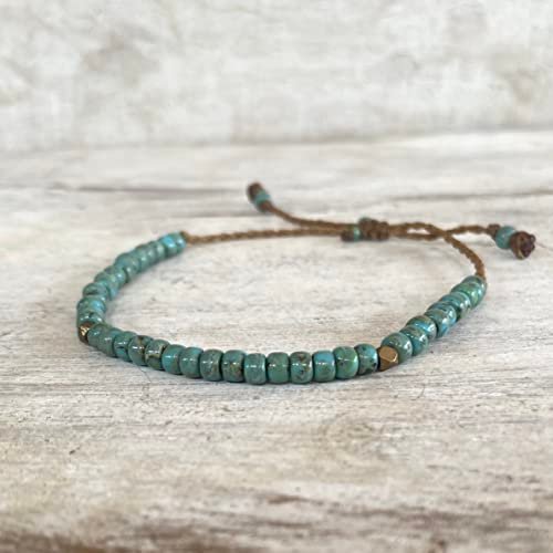 Turquoise Blue Beaded Surfer Anklet for Men and Women, Casual Beach Jewelry on Hand Spun Rope Cord Handmade by Beach Soul (Anklet)