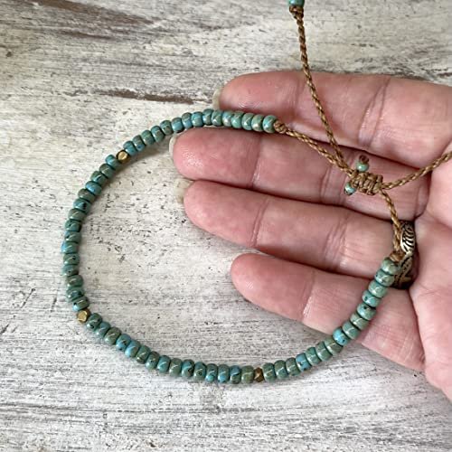 Turquoise Blue Beaded Surfer Anklet for Men and Women, Casual Beach Jewelry on Hand Spun Rope Cord Handmade by Beach Soul (Anklet)